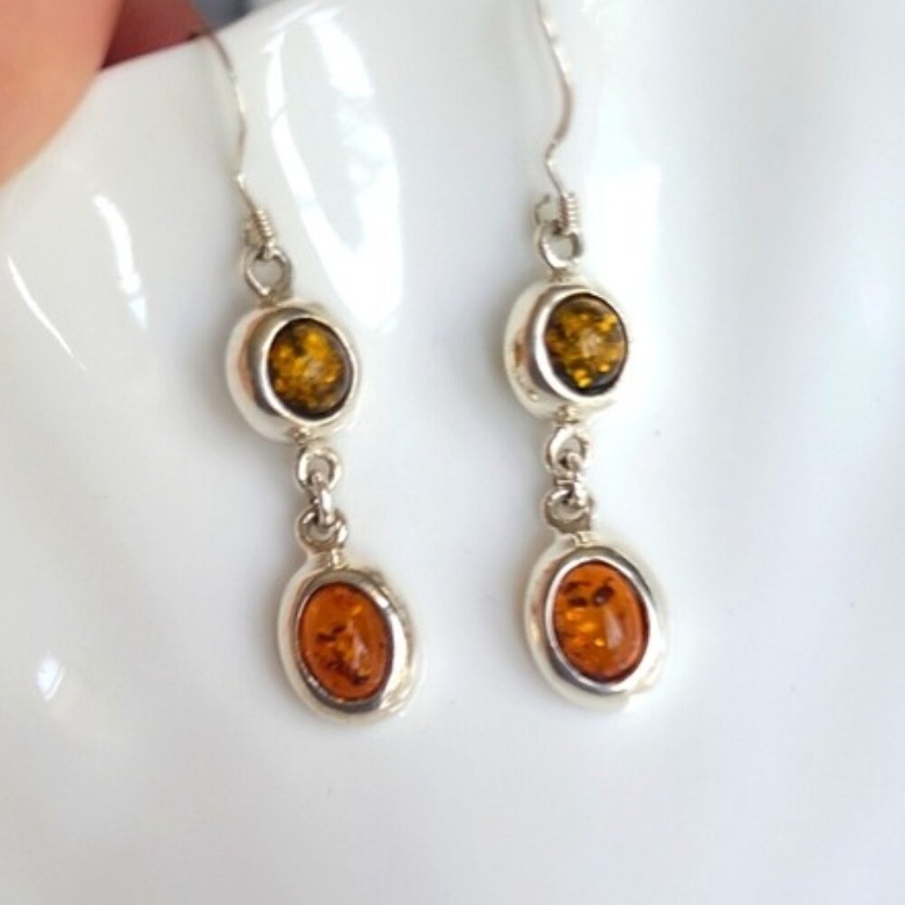 Vintage Boho Sterling Silver Baltic Amber Drop Dangle Feminine Earrings